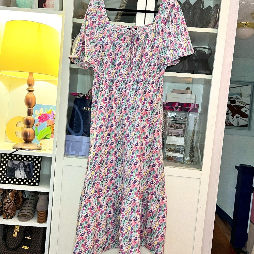 Pastel Floral Print Smocked Waist Long Tiered Dress - Picture 2 of 7